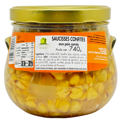 Saucisses confites aux pois carrés